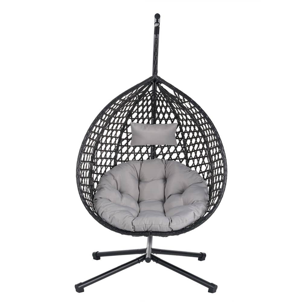 Metal Black FrameOutdoor Porch Swing Hanging Egg Chair with Gray Cushion fo