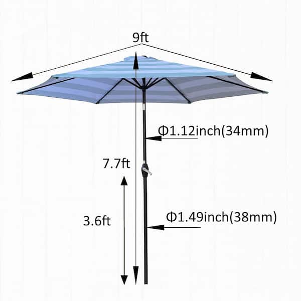 GAWEZA 9 ft. Metal Market Tilt Patio Umbrella in Ice Blue Stripe with Push Button Tilt and Crank for Table Pool Backyard Lawn