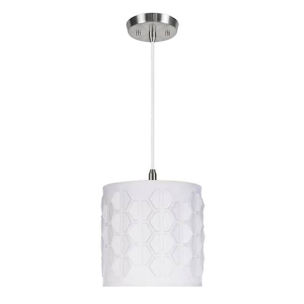 Aspen Creative Corporation 1-Light Satin Nickel Pendant with Off White Hardback Drum Fabric Shade