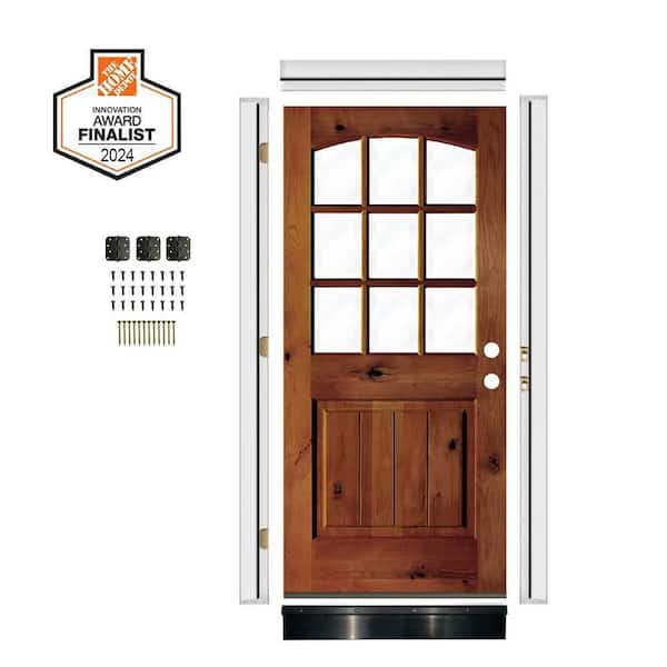 DIY 32 in. x 80 in. Arch Top Left-Handed Clear Glass Red Chestnut Knotty Alder Wood Front Door Kit w/Quick Assemble Jamb
