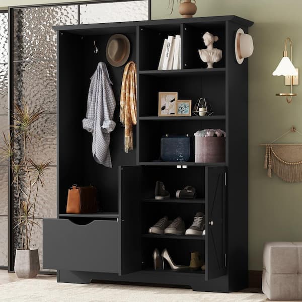Black Freestanding Hall Tree with Bench Storage Shelves Drawer Cabinet and 7 Hooks