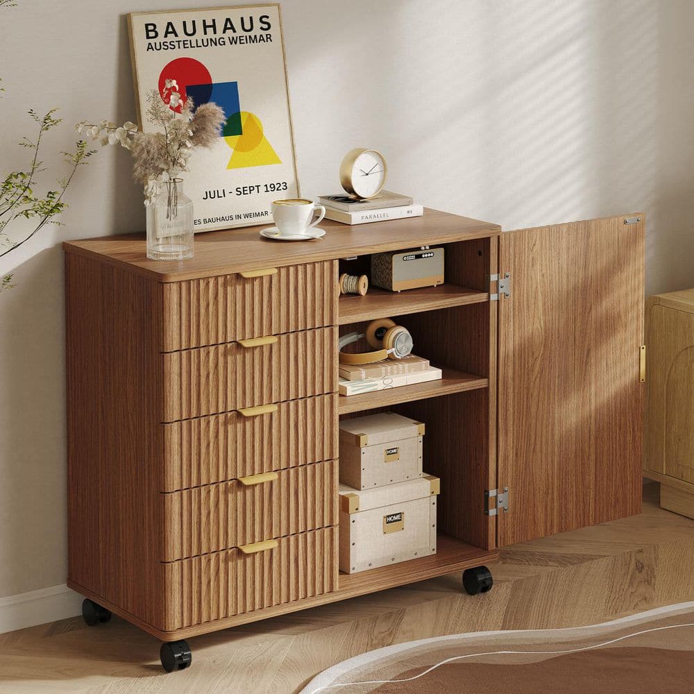 Bestier 5-Drawer Brown Oak Wood 32 in. W Rolling Lateral File