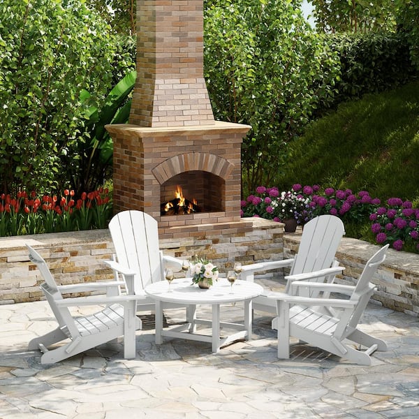 Laguna White Fade Resistant 5-Piece Plastic Adirondack Chair Outdoor Patio Conversation Set With Round Coffee Table