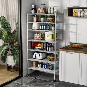 7-Layer Metal White Kitchen Organizers Storage Rack with Wheels, Adjustable Height, Suitable for Kitchen, Living room