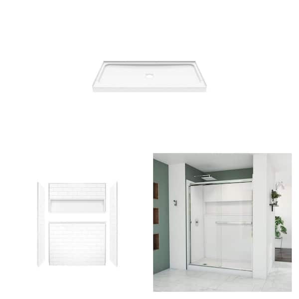Showercast 60 in. x 32 in. Shower Pan, NexTile 60 in. x 32 in. x 74 in. Wall Kit and Bootz 56-60 in. x 70 3/8 in. Door