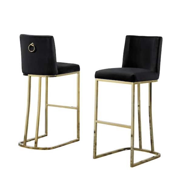 Best Quality Furniture Erin 29 in. H Black Velvet Low Back Bar Stool Chair with Gold Chrome Base and Back Ring (Set of 2)