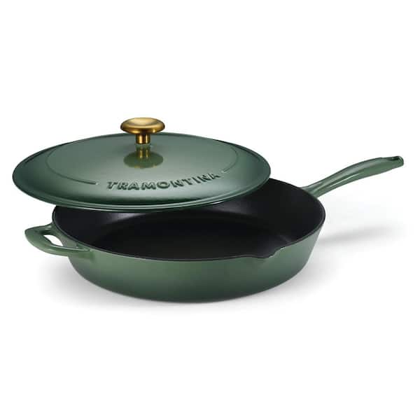 Bestow 12 in. Enameled Covered Cast Iron Skillet-Cactus with Gold Stainless Steel Knob