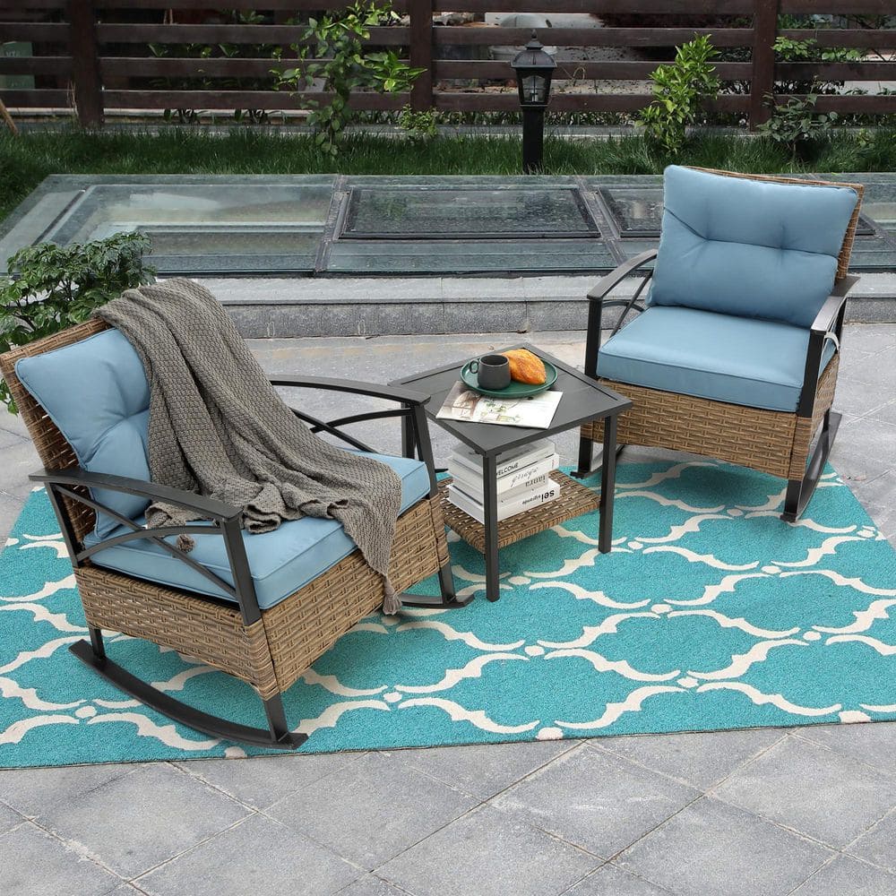 3-Piece Metal Outdoor Bistro Rocking Set with Glass Coffee Table and Blue C