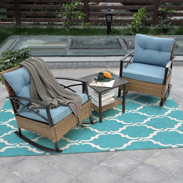 Unbranded 3-Piece Metal Outdoor Bistro Rocking Set with Glass Coffee Table and Blue Cushions for Garden, Balcony, Pool, Backyard