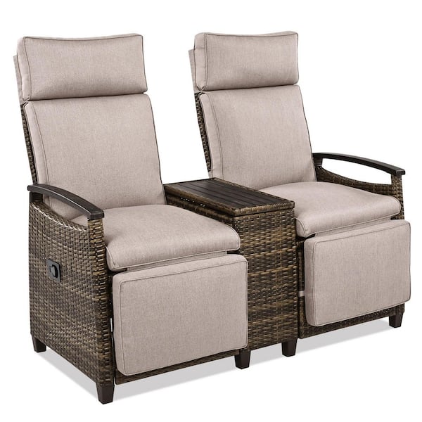 Brown Wicker Outdoor Recliner Loveseat Chair with Acacia Armrests, Storage Table and Cushions