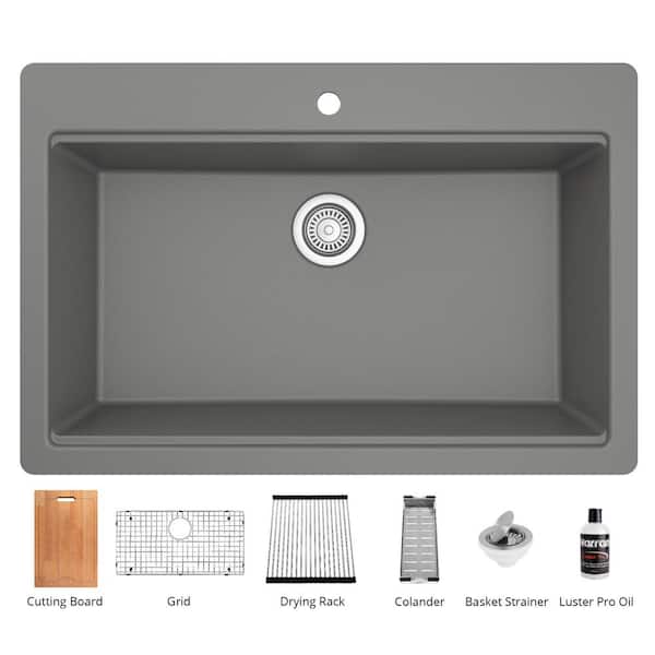 Karran Grey Quartz 33 in. Single Bowl Drop-In Workstation Kitchen Sink