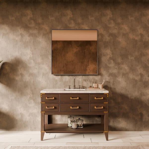 Irvington 48 in W x 22 in D Brown Oak Single Bath Vanity, Carrara Marble Top, and 46 in Mirror