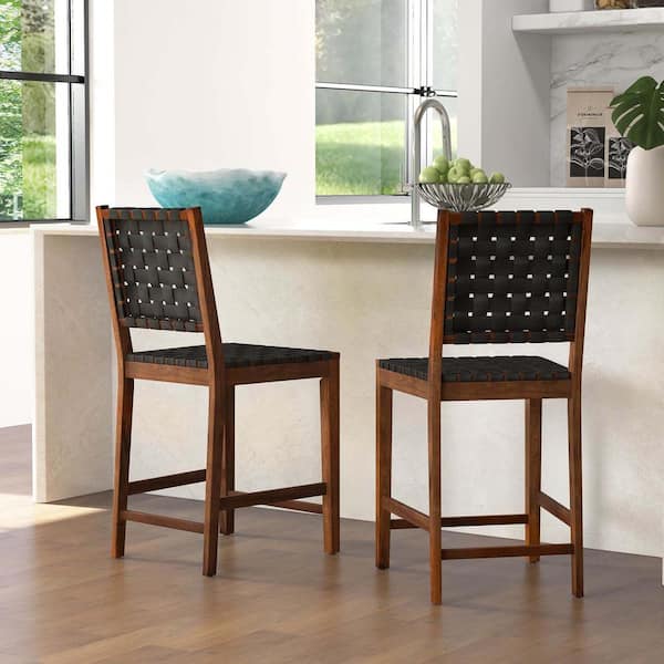 Costway 24 in. Woven Wood Bar Stools Counter Height Dining Chairs Faux PU Leather Kitchen Set of 2