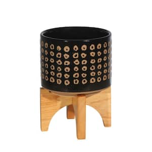 5.25 in. Small Black Ceramic Planter with Wooden Stand and Abstract Design