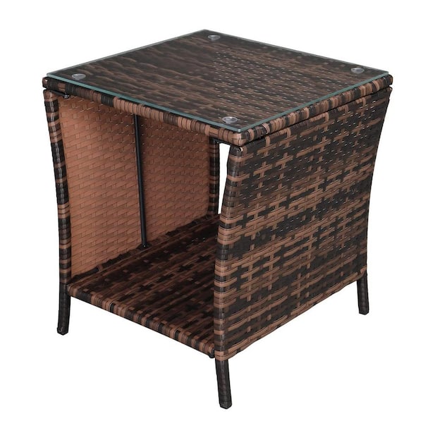 Unbranded Brown Square Wicker Outdoor Side Table with Storage Tempered Glass Top