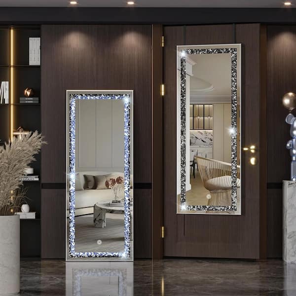 Hasipu Black 18 in. W x 47 in. H Rectangular LED Full Length Mirror and Crystal Crush Diamond Full Body Mirror with Lights
