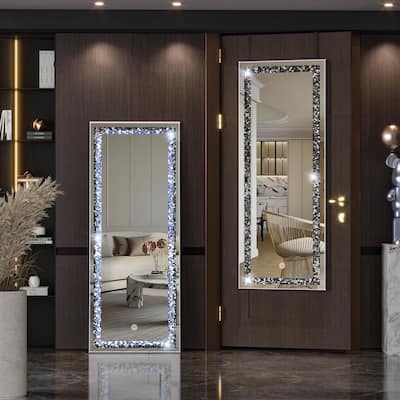 Black 18 in. W x 47 in. H Rectangular LED Full Length Mirror and Crystal Crush Diamond Full Body Mirror with Lights