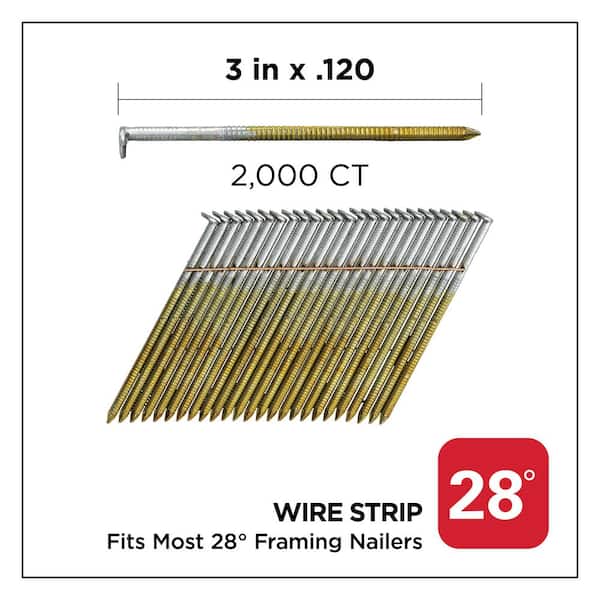 3 in. x 0.120 28-Degree Hot Dipped Galvanized Ring Shank Wire Strip Framing Nails (2000 -Per Box)