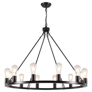 Loughlam 12-Light Black Farmhouse Candle Style Wagon Wheel Chandelier for Living Room Kitchen Island Dining Room Foyer