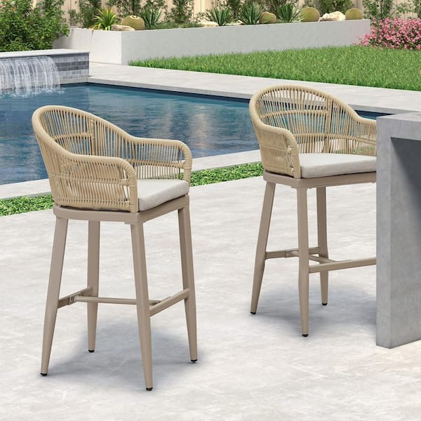 Modern Aluminum Rattan Bar Height Outdoor Bar Stool with Back and Beige Cushion (2-Pack)