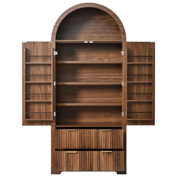 72 in. Tall Arched Fluted Kitchen Pantry Cabinet, 2 Drawers, 8 Adjustable Shelves, Wooden Cupboard Organizer, Walnut