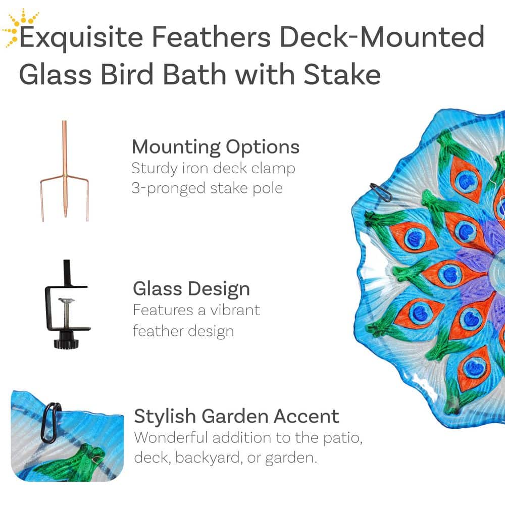 Turquoise Glass Bird Bath with Stand and Deck Clamp