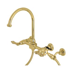 Restoration 2-Handle Wall-Mount Standard Kitchen Faucet with Side Sprayer in Polished Brass
