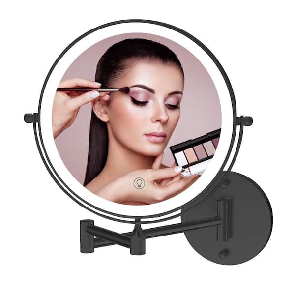 Fab Glass and Mirror 8 in. W x 8 in. H Small Round 3-Color-LED 1X/10X Magnifying Wall Mount Bathroom Makeup Mirror in Black