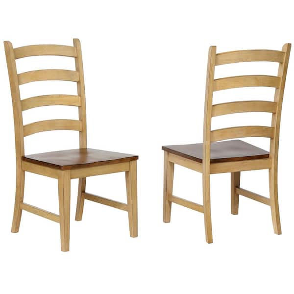 AndMakers Simply Brook Distressed 2 Tone Light Creamy Wheat with Pecan Brown Solid Wood Dining Side Chair (Set of 2)
