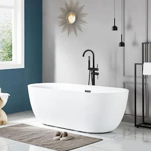 Double-Handle Freestanding Floor Mount Roman Tub Faucet Bathtub Filler with Hand Shower in Matte Black