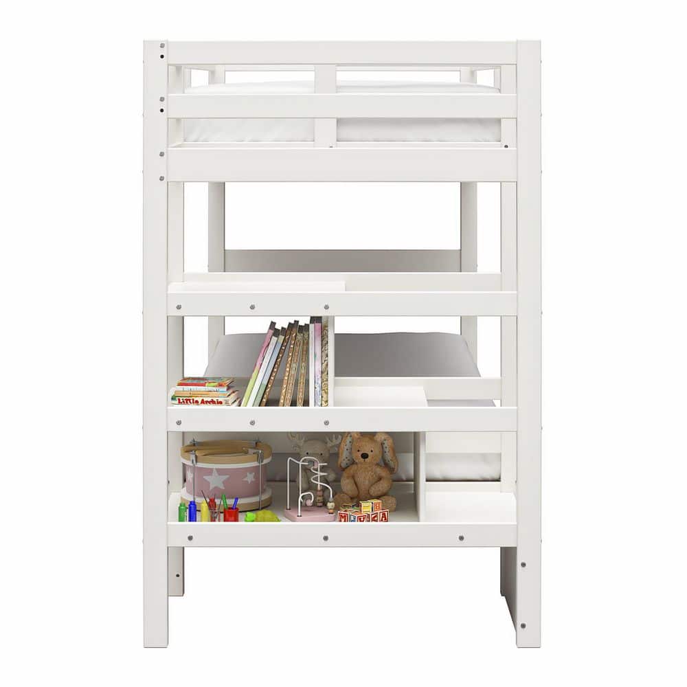 White Twin Over Twin Pine Wood Bunk Bed with Stairs and Shelves