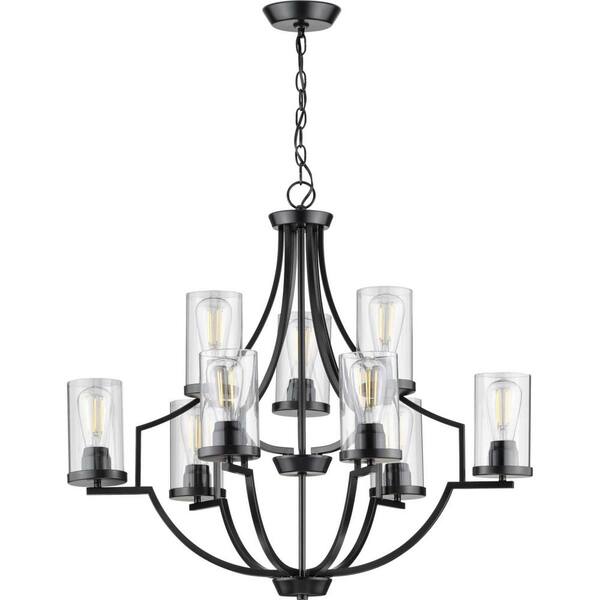 Progress Lighting Lassiter Collection 9-Light Matte Black Clear Glass Modern Chandelier Light
