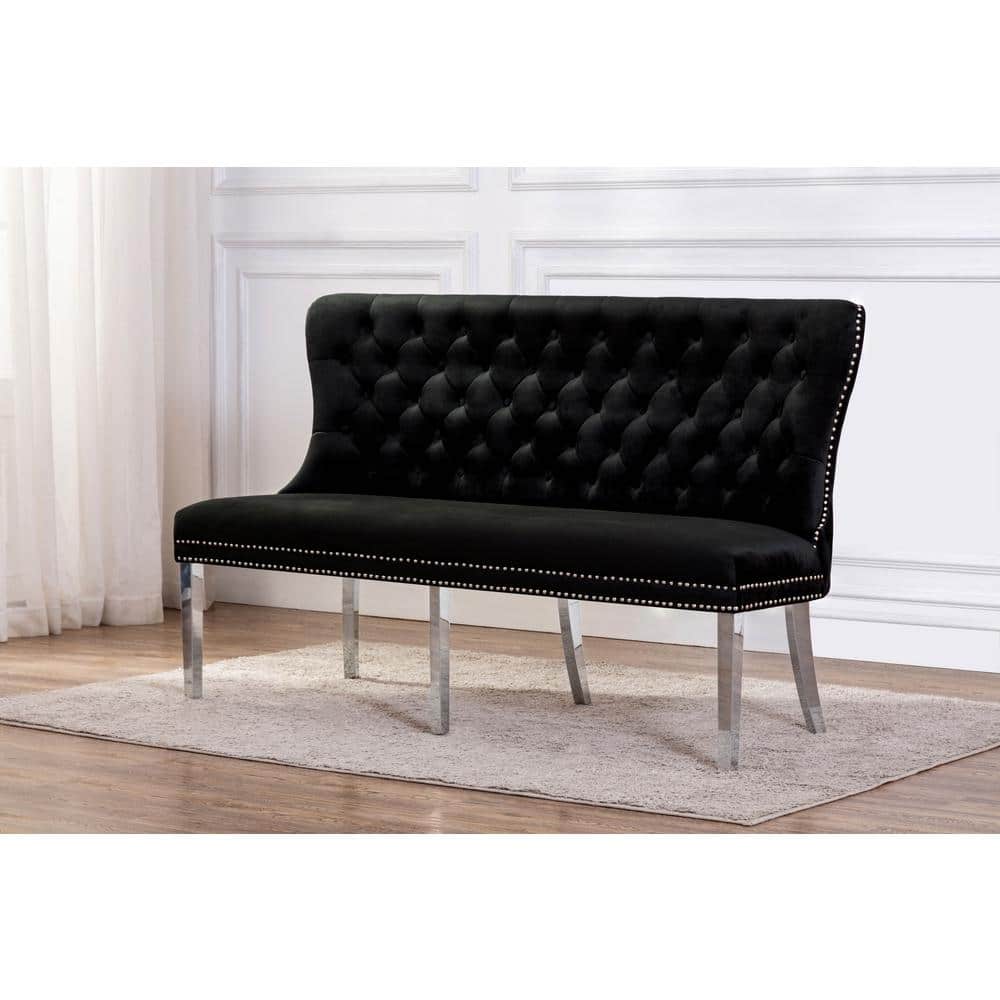 25" Luxe Black Velvet Tufted Bench with Metal Frame