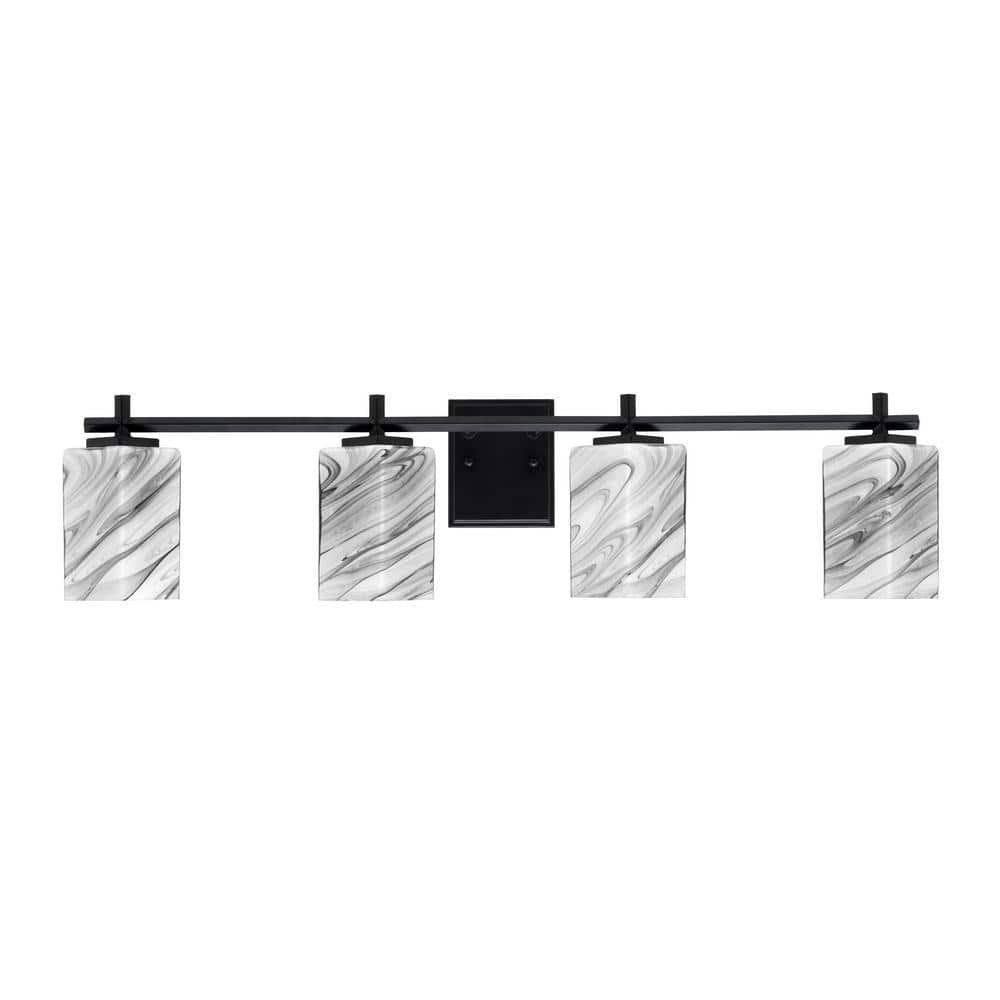 Matte Black 4-Light Bath Bar with White Marble Glass Shades