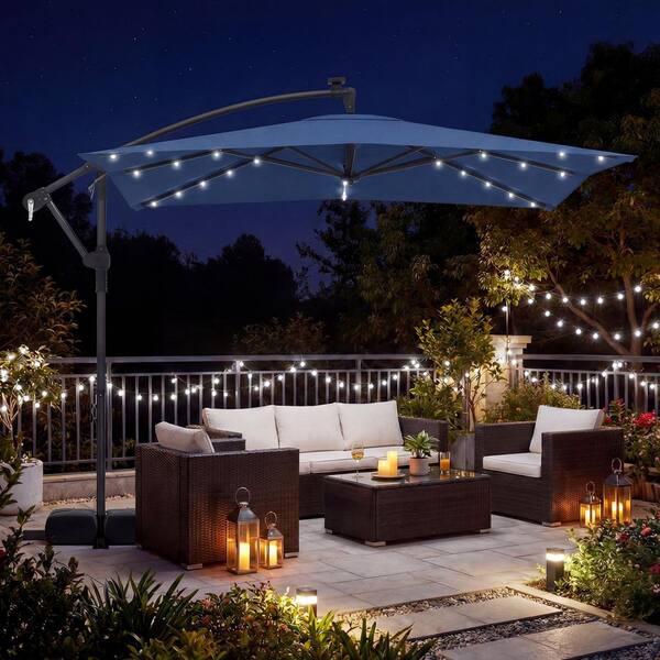 led offset patio umbrella 10FT With Solar Lights TheOutdoor Collective and premium polyester fabric that is sun protective Kadehome 8 x 8 ft.