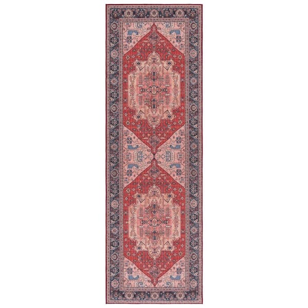 SAFAVIEH Tucson Red/Navy 3 ft. x 8 ft. Machine Washable Floral Medallion Border Runner Rug