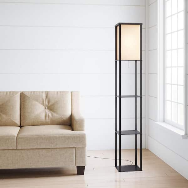 62.75 in. Black w. Antique Brass Shelf Floor Lamp