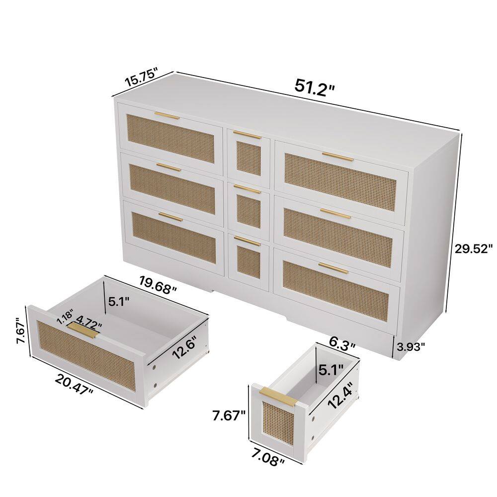 White and Light Wood Rattan Accent Cabinet with 9 Drawers