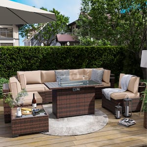 Brown 8-Piece Wicker Patio Conversation With Beige Cushions