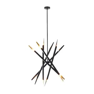 60-Watt Integrated LED Black Metal Abstract 12 Light Chandelier with Angled Beams and Suspension Rod
