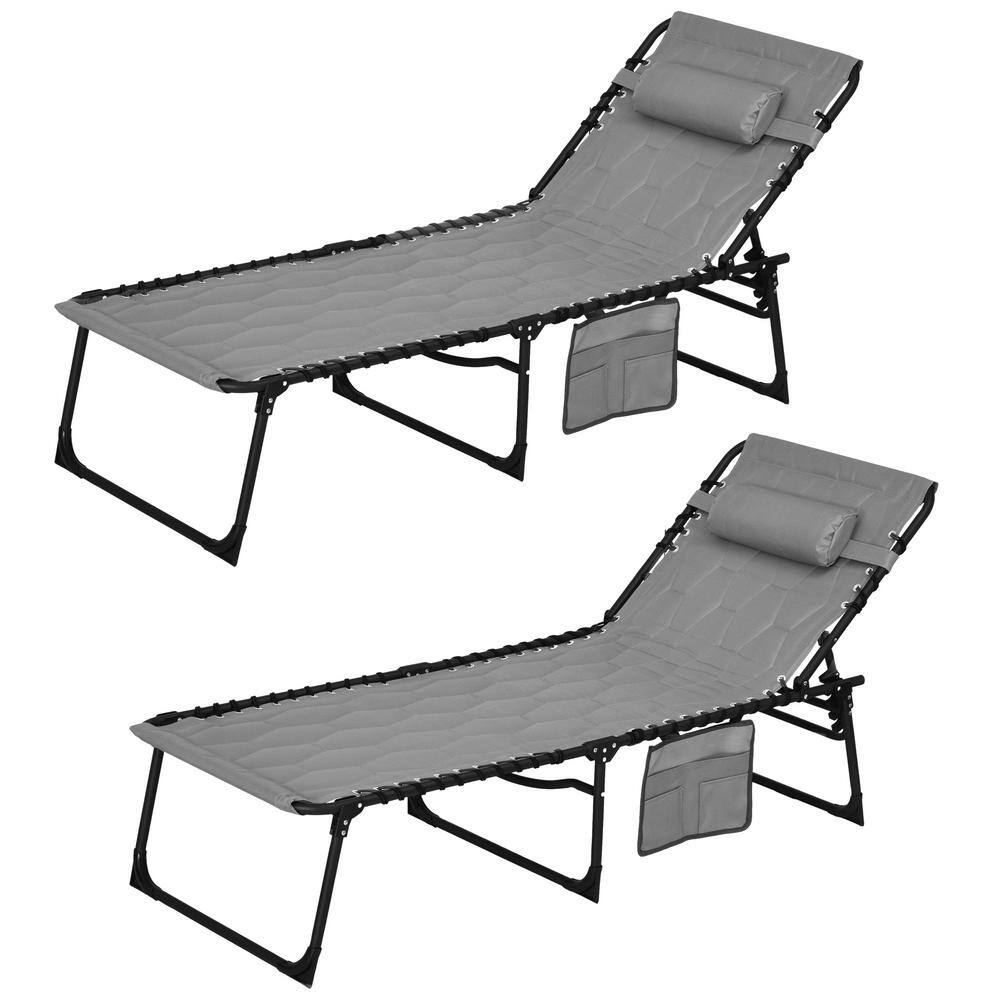 Grey Metal Folding Outdoor Chaise Lounge with 5-level Reclining Back, Side 