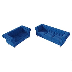 84.25 in. W Roll Arm Velvet Dark Blue 3-Seater Button Tufted Straight Chesterfield Sofa with 61.42 in. W Loveseat