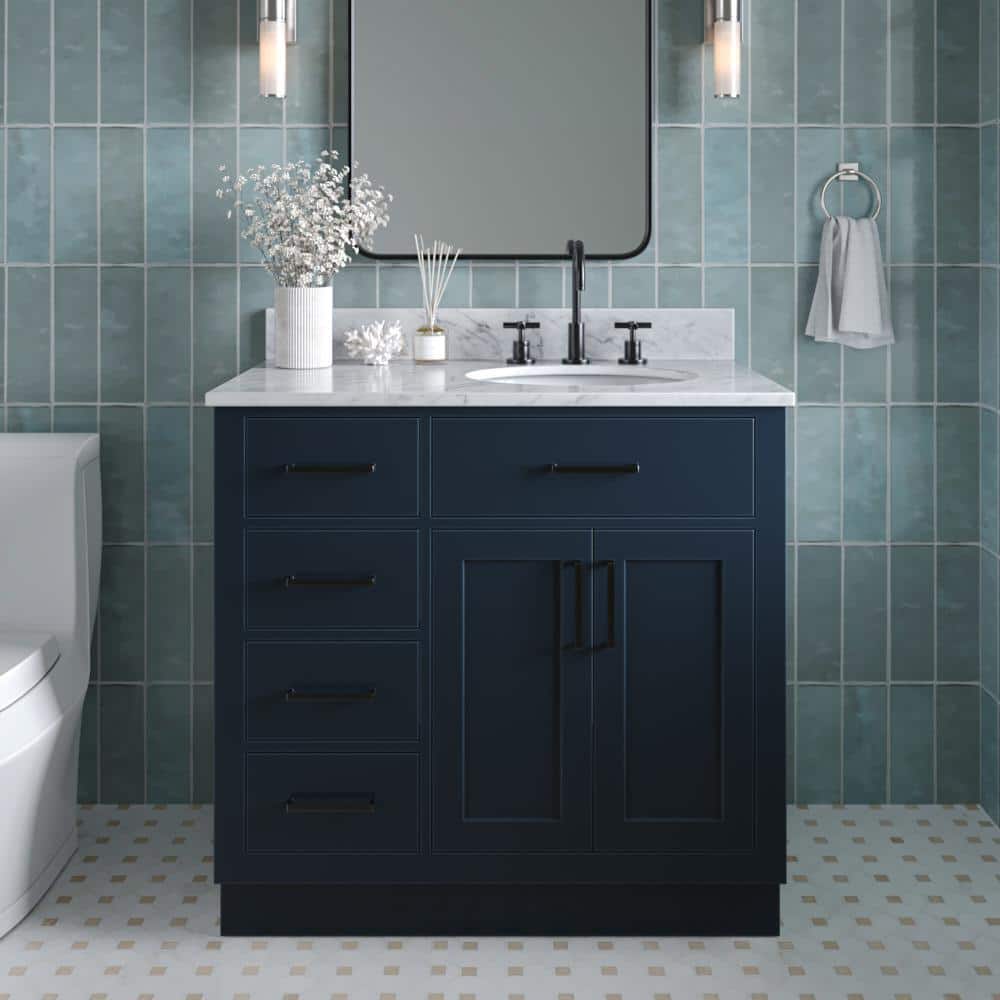 Midnight Blue 37" Freestanding Vanity with White Marble Top