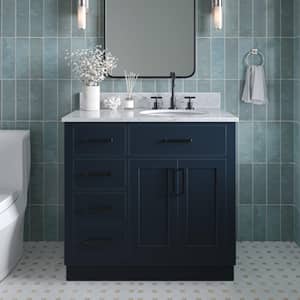 Hepburn 37 in. W x 22 in. D x 35.25 in. H Bath Vanity in Blue with Carrara Marble Vanity Top in White with White Basin
