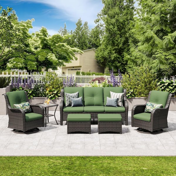 JOYSIDE 6-Piece Wicker Outdoor Patio Seating Set Sectional Sofa with Swivel Rocking Chair, Ottomans and Green Cushions
