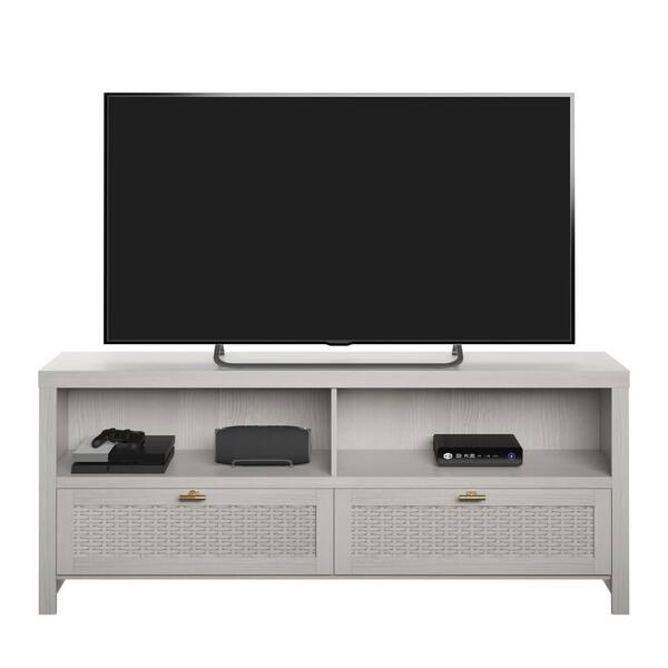 Twin Star Home 68 in. White Washed Oak TV Stand with Woven Drawers 