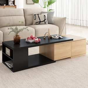 47.2- 57 in. Black Rectangle MDF Coffee Table with Drawers, Dual-tone Wood Center Table with Extendable Sliding Tabletop