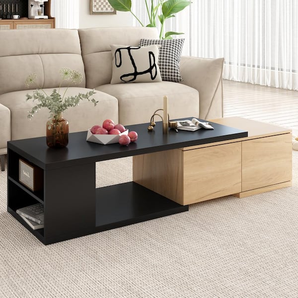 Harper & Bright Designs 47.2- 57 in. Black Rectangle MDF Coffee Table with Drawers, Dual-tone Wood Center Table with Extendable Sliding Tabletop