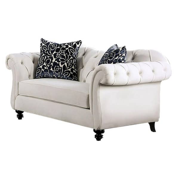 Benjara 68 in. White, Black and Brown Solid Fabric 2-Seater Loveseat with Pillows and Camelback Seat