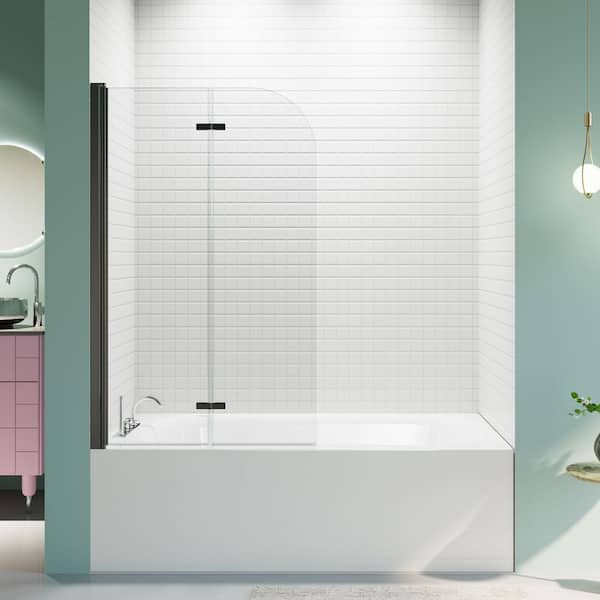 EAKYHOM Reversible 34.75 in. W x 58 in. H Pivot Frameless Tub Door in Matte Black with Tempered Clear Glass